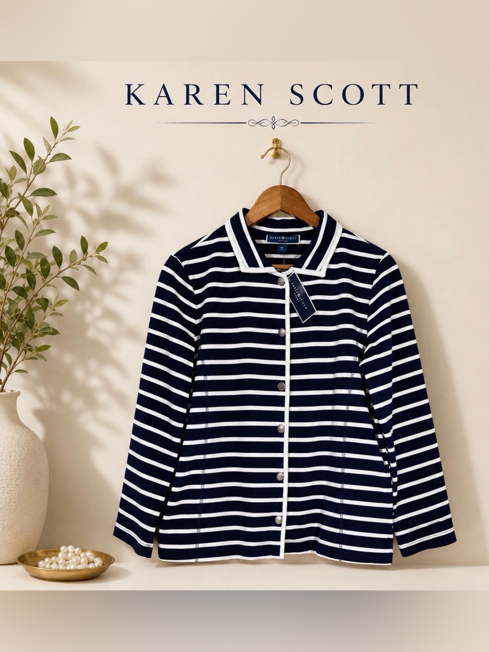 Karen Scott Navy & White Striped Button Front Knit Jacket | NWT | Medium 🤍